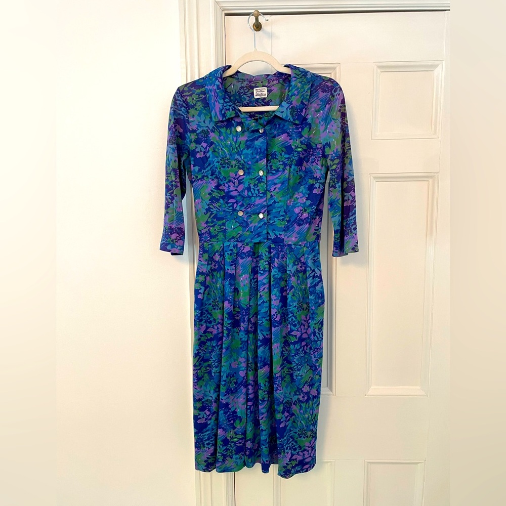 Vintage 90s Blue Green Floral Shirt Dress Size 8 (Tagged 14)